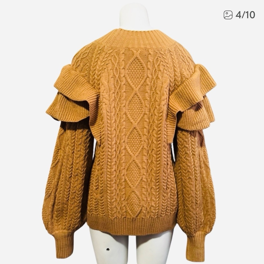 Mustard Cable Knit Ruffle Sweater - Chunky Cozy Fall Pullover - Women’s XL - Picture 5 of 10
